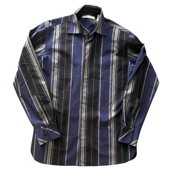 Perry Ellis Blue & Gray Mens Striped Long Sleeve Dress Shirt Hidden Button Small - Picture 1 of 9